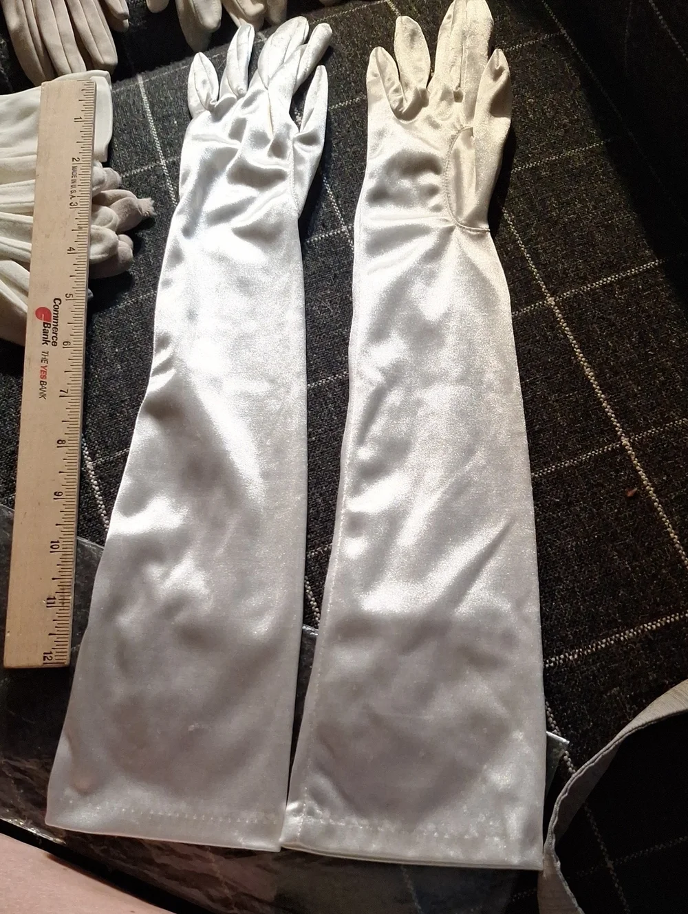Long Satin Opera Gloves in Shimmering Silvery White. 18